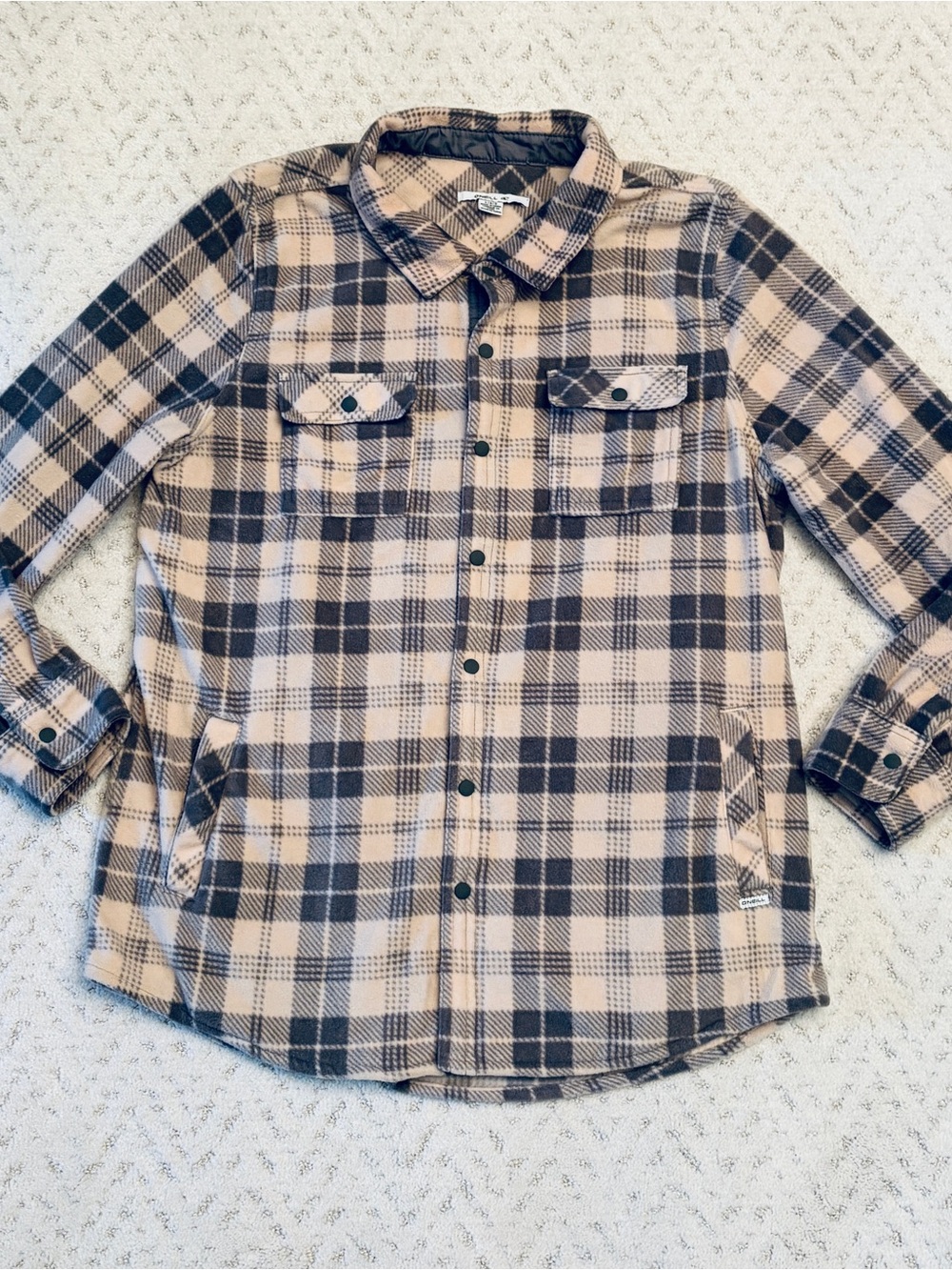 ONeill Soft Fleece Plaid Long Sleeve Snap Shirt Size L Pink Grey Pockets